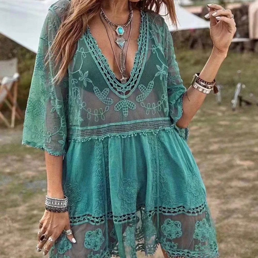 Boho Inspired- beach mini dress Sexy neck V, half sleeve TEAL